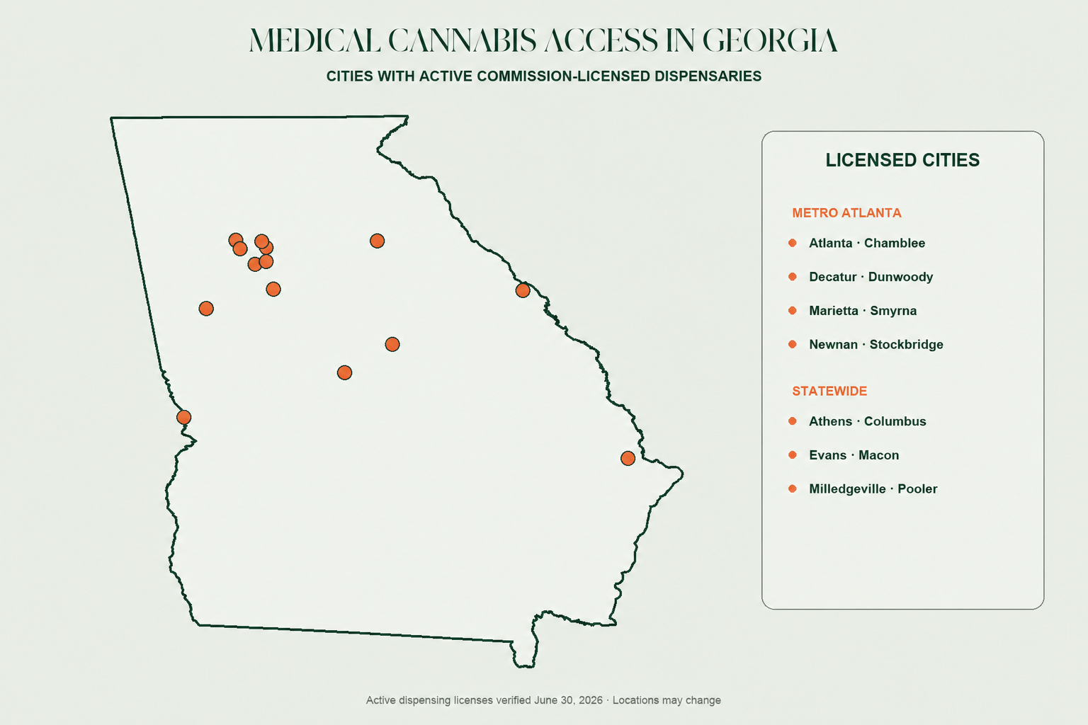 Map of Georgia cities with active licensed medical cannabis dispensaries
